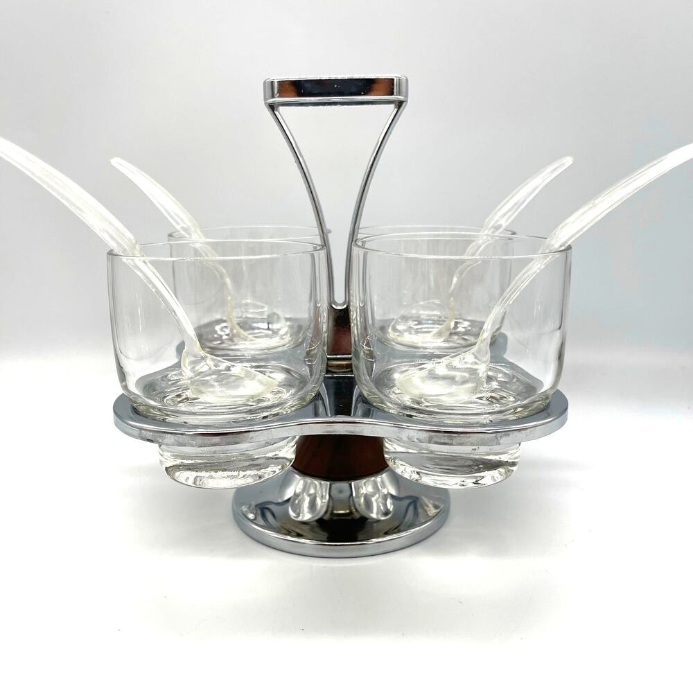 Vintage Mid Century Milbern Chrome & Wood Condiment Caddy 4 Glasses & Spoons